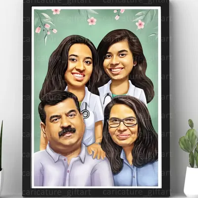 A beautiful framed caricature of a family of four. This is a wonderful way to decorate your home with a personalized and artistic representation of your loved ones.
