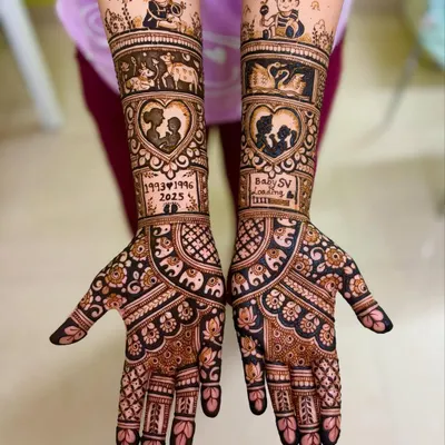 A full-coverage baby shower design for Swathi, featuring a silhouette of parents-to-be, the phrase "Baby SV Loading," and adorable baby-themed illustrations on the forearms.