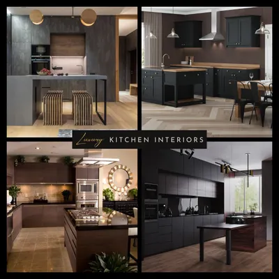 A collage of luxury kitchen interiors we can create, from industrial chic with islands to classic dark wood designs. Each is built for style and efficiency.