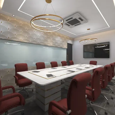 I designed this conference room to be both impressive and highly functional. The space features a custom-built table with integrated connectivity, ergonomic executive chairs for comfort during long meetings, and striking circular chandeliers that provide excellent lighting while adding a modern touch. The textured feature wall adds a layer of sophistication.