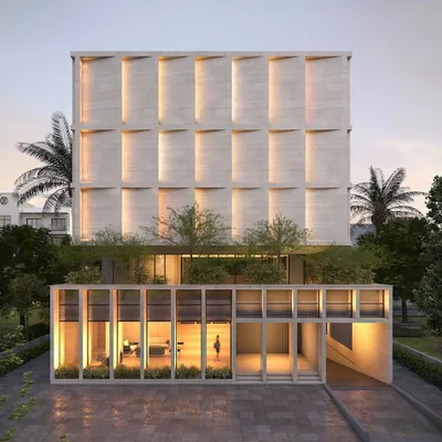 The initial 3D render of Stone Boulevard at dusk, showcasing our proposed lighting design and material finishes. This visual was a key tool in communicating the intended atmosphere of the project to the client.