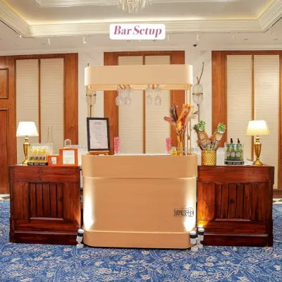 A chic, custom-branded bar cart we styled for a baby welcome party. This setup, part of a larger Dior-themed event, shows our attention to detail in creating sophisticated and cohesive event experiences.