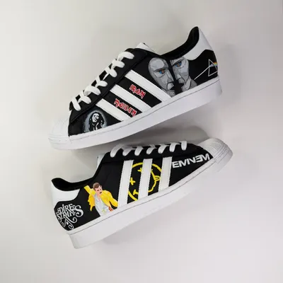 The best of the best. This custom Adidas Superstar is a tribute to some of the greatest musicians of all time, including Pink Floyd, Iron Maiden, Freddie Mercury, and Eminem.