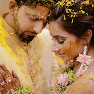 An intimate moment during a Haldi ceremony in Lucknow. After all the fun and games, I love capturing these quiet, tender portraits of the couple covered in turmeric and love.