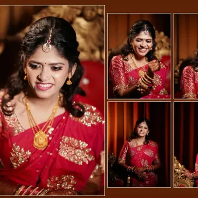 A collage of bridal portraits showing a range of expressions, from joyful laughter to elegant poses. We dedicate time to capture the bride's beauty and personality.