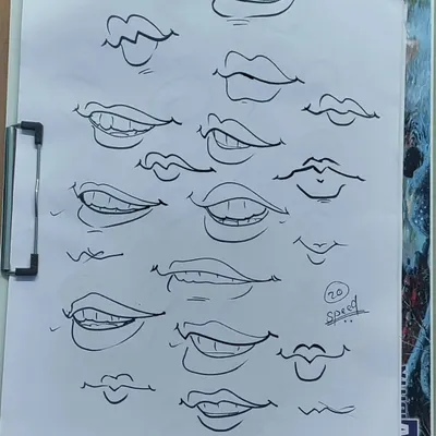 Learning to draw mouths and lips is essential for capturing expressions. This reference sheet provides over a dozen examples, from simple smiles to open-mouthed laughs, for you to practice.