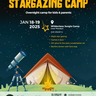 A poster for our Stargazing Camp, promising a night of cosmic wonder with telescopes, tents, and a bonfire. These overnight adventures are a chance to disconnect from the city and reconnect with the universe.