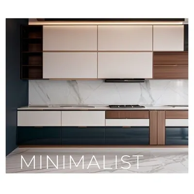 A minimalist kitchen design featuring handle-less cabinets in a mix of white, wood, and dark teal. The marble backsplash and countertop add a touch of luxury, while under-cabinet lighting provides excellent task illumination.