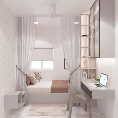 This 3D render presents a complete vision for a teenager's room, featuring a bed nook with privacy curtains and a connected desk. Visualizations like this help confirm that the layout and style meet the client's needs perfectly.