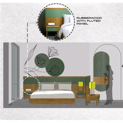 A design drawing for the T7 T8 master bedroom, detailing the rubberwood headboard with a fluted panel and the hand-painted wall motifs.