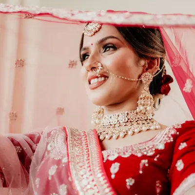 A beautiful, classic bridal portrait. The soft smile and the way she holds her veil create a timeless and elegant image.