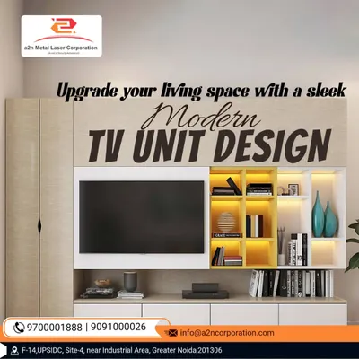 This is our take on a modern entertainment center. We designed this TV unit to be the focal point of the living room, with a mix of closed cabinets to hide clutter and open, illuminated shelves in a contrasting color to display decor.