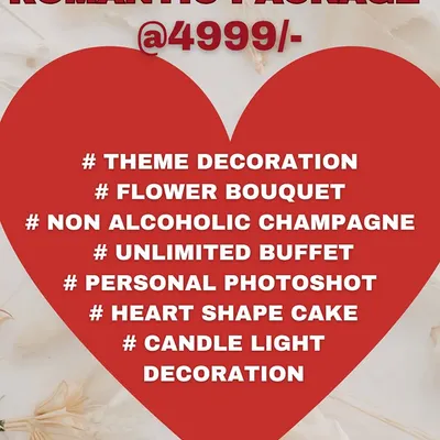 My couple's special romantic package is perfect for anniversaries or just a special date night. It's an all-inclusive deal with theme decoration, a flower bouquet, unlimited buffet, a personal photoshoot, and more.