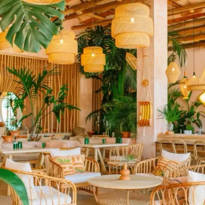 A bohemian-themed seating area featuring natural rattan armchairs with comfortable white cushions. The look is completed with wooden tables and tropical plants, creating a relaxed and trendy vibe.
