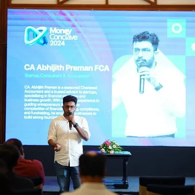 Addressing the audience at the Money Conclave 2024 curtain raiser. I focus on sharing real-world stories and practical examples, not just textbook theory, to make financial concepts stick.