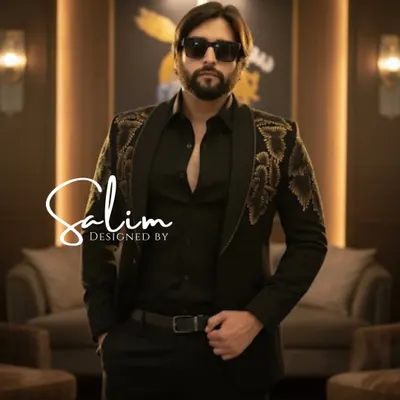A client wearing a custom black blazer with gold floral embroidery on the shoulders. This piece is designed for a sophisticated yet bold look, perfect for evening events.