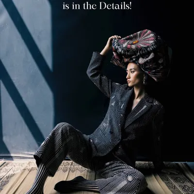 The devil is in the details. For this editorial concept, I used a dramatic headpiece and a structured, patterned suit to create a high-fashion look that is both artistic and powerful.