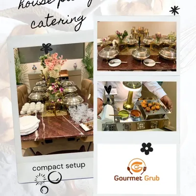 Hosting a house party has never been easier. This collage shows a compact yet elegant setup for an intimate gathering of 15, proving that even small events can have a big impact with the right catering.