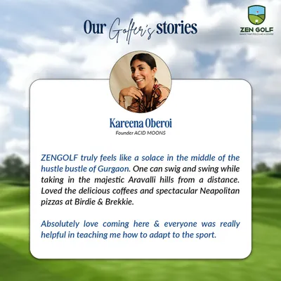 A testimonial from a member who finds our facility to be a "solace in the middle of the hustle and bustle of Gurgaon," praising the views, the food, and the helpful coaching.