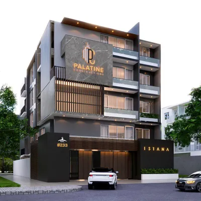 This is the architectural design for 'Istana,' an upcoming luxury apartment building in Mysore. We designed the facade to be modern and striking, using a mix of grey tones, marble cladding, and wood-look louvers to create a sophisticated and contemporary landmark.