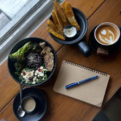 A perfect setup for a productive and mindful afternoon. A nourishing black rice bowl, a warm coffee, and a journal for my thoughts and ideas.