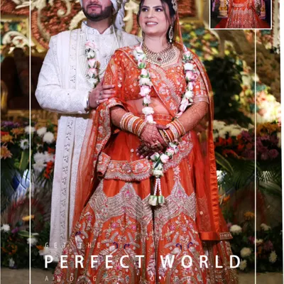 An example of a creative album layout, featuring a full-length couple portrait with a small inset photo. This style adds a modern touch to your wedding album.