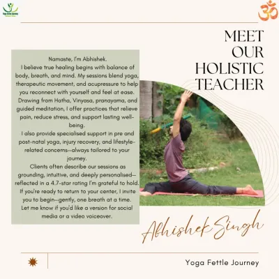 Meet Abhishek, one of our holistic teachers. He blends yoga, therapeutic movement, and acupressure in his sessions. His personalized approach is perfect for pain relief, stress reduction, and pre and post-natal support.