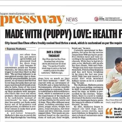 I was featured in the Indian Express for my work in providing healthy, fresh food for dogs. This article highlights my fight against low-quality commercial pet food and my focus on creating customized, nutritious meals made with puppy love.