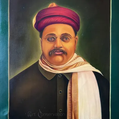 A restored oil on canvas portrait of an Indian gentleman from 1935. The conservation process revived the deep colors of his turban and the subtle details of his expression, making the piece look as it did decades ago.