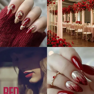 Channeling Taylor Swift's 'Red' era for a bold wedding look. This moodboard features fiery red nails with intricate gold foil designs, perfect for a passionate and dramatic statement.