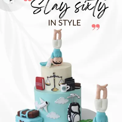 This highly personalized multi-tiered cake was designed to celebrate a 60th birthday, capturing the recipient's passions for yoga, law, travel, and golf. Each tier tells a part of their story through detailed, handcrafted fondant figures and elements.