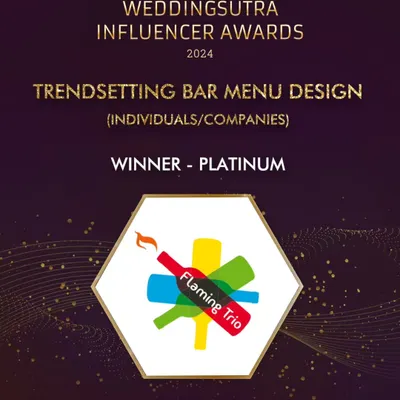 We are proud to be the Platinum Winner for "Trendsetting Bar Menu Design" at the WeddingSutra Influencer Awards 2024. This award recognizes our dedication to creating innovative and stylish menus.