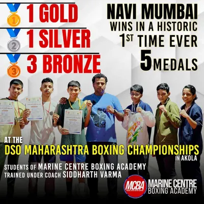 A historic win for Navi Mumbai. Our team grabbed 5 medals at the DSO Maharashtra Boxing Championships, including 1 Gold, 1 Silver, and 3 Bronze. This is the result of pure dedication.
