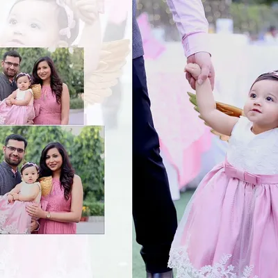 An example of a page from one of our custom photo albums. We combine posed portraits with candid moments to tell the full story of your child's first birthday.