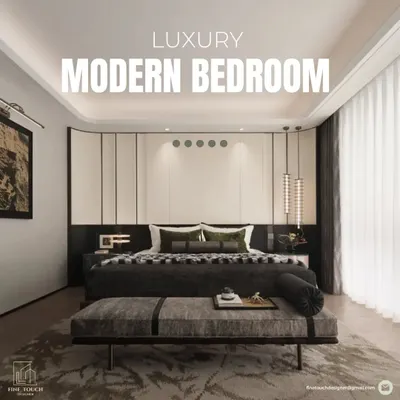 A preview of a luxury modern bedroom design, defined by its bold, dark color palette and sophisticated material choices. The low-slung bed and integrated bench create a hotel-like experience of comfort and style.