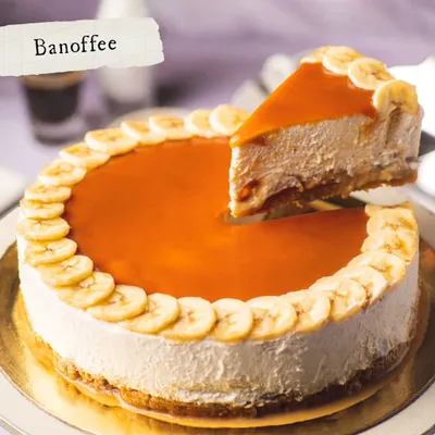 My Banoffee cheesecake is a slice of pure indulgence. A creamy banana and toffee filling on a biscuit base, it's a journey so divine.