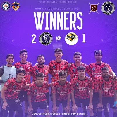 Celebrating a hard-fought 2-1 victory in the Mumbai Football Association First Division Championship. This win showcases the determination and spirit of our senior team.