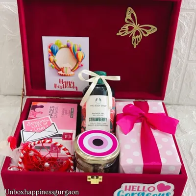 This 'Hello Gorgeous' birthday gift box is filled with love, featuring The Body Shop shower gel, a gift-wrapped surprise, and other pampering essentials.