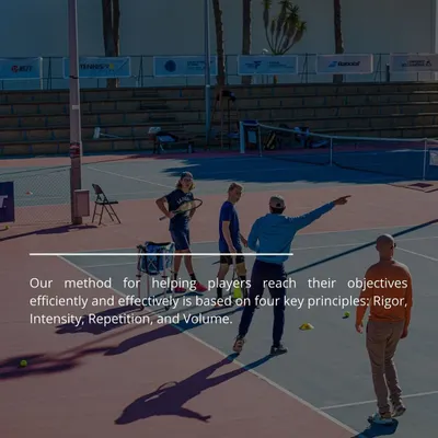 Our method is based on four key principles: Rigor, Intensity, Repetition, and Volume. This structured approach ensures our players develop the skills and consistency needed to achieve their objectives efficiently and effectively.