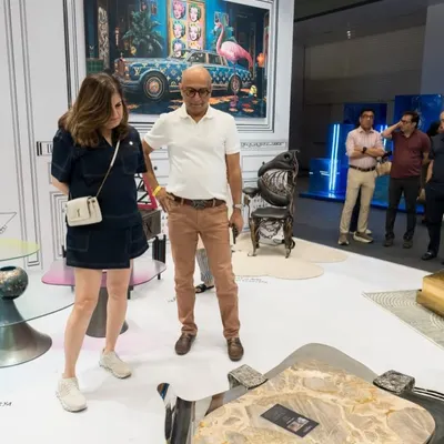 Discussing the "Flow Forged" table, a piece of functional art, at the AD Mumbai exhibition with Portofino Gallery.