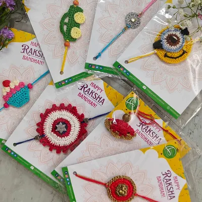 A colorful assortment of our eco-friendly crochet Rakhis. We have designs for everyone, from playful characters like Minions and cupcakes for kids, to traditional Ganesha and floral motifs.