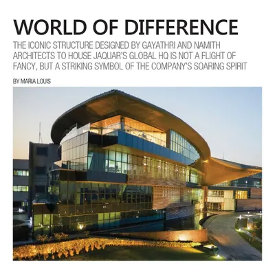 A magazine feature on the Jaquar Global HQ, highlighting its iconic structure. The design was conceived as a symbol of the company's soaring spirit, blending futuristic form with sustainable principles.