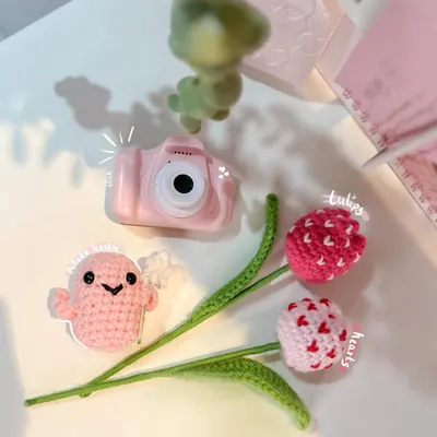 On Wednesdays, we wear pink. A flat lay of my handmade heart-patterned tulips and a pink Positive Potato, perfect for adding a pop of color to your desk.