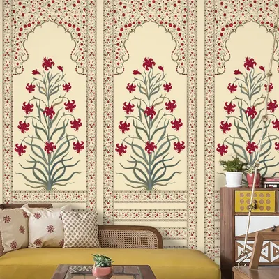 This stunning panel design from the Florina collection features traditional Indian floral motifs within architectural arches. The vibrant red flowers create a striking contrast against the cream background, perfect for a feature wall.