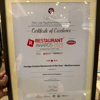 We are thrilled to be named 'Foreign Cuisine Restaurant of the Year - Mediterranean' by the Restaurant Awards 2025. This certificate is a symbol of our commitment to quality and authenticity.