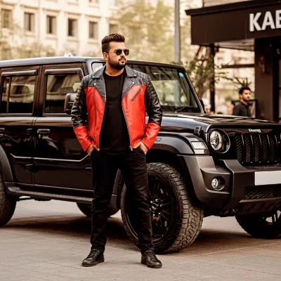 Posing with a Mahindra Thar on the streets of Mumbai. This rugged, urban look is a perfect match for the powerful beats and desi hip hop tracks I produce.