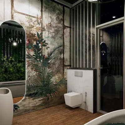 This bathroom design features a stunning tropical mural, a freestanding sink, and an arched mirror, creating an immersive and artistic experience.