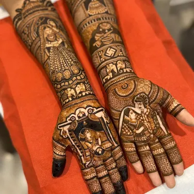 A beautiful bridal design telling a complete story, with a detailed portrait of the bride on one hand and a romantic couple portrait on the other, complete with wedding ceremony elements.