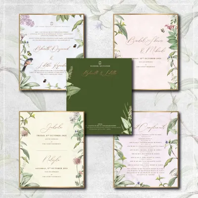 A beautiful suite featuring fresh botanical illustrations. We love creating these detailed drawings of leaves, flowers, and birds to give invitations an organic and timeless feel.