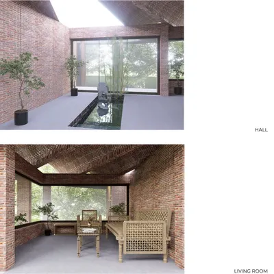 Renderings for a farmhouse featuring woven Lantana furniture in the living area. This illustrates how the material can be used to create complete furniture sets that are lightweight, durable, and environmentally positive.